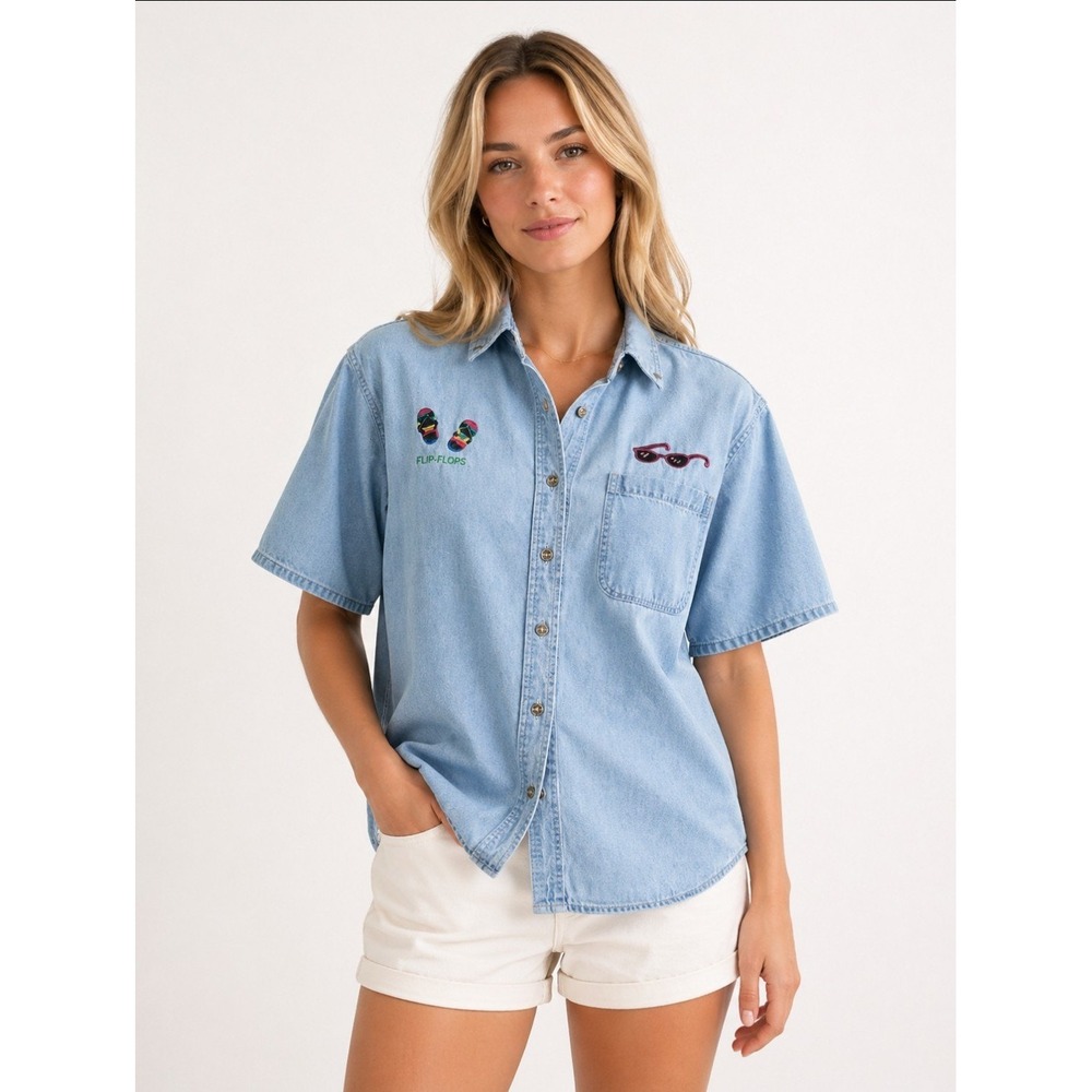 UltraClub Womens M Beach Embroidered Coastal Graphic Short Sleeve Denim Shirt